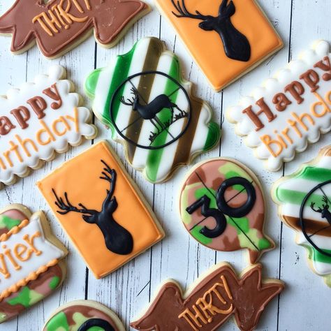 Bee Baby Shower Cookies, Camo Cookies, Hunting Birthday Cakes, Hunting Birthday Party, Hunting Birthday, Hunting Themes, Cookie Decorations, Sugar Cookie Royal Icing, Hunting Party