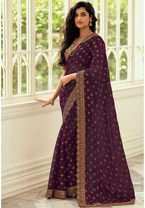 Purple Art Silk Party Wear Saree Dark Purple Saree, Purple Saree, Embroidered Saree, Ready To Wear Saree, Half Sleeve Blouse, Art Silk Sarees, Zari Work, Purple Silk, Traditional Sarees