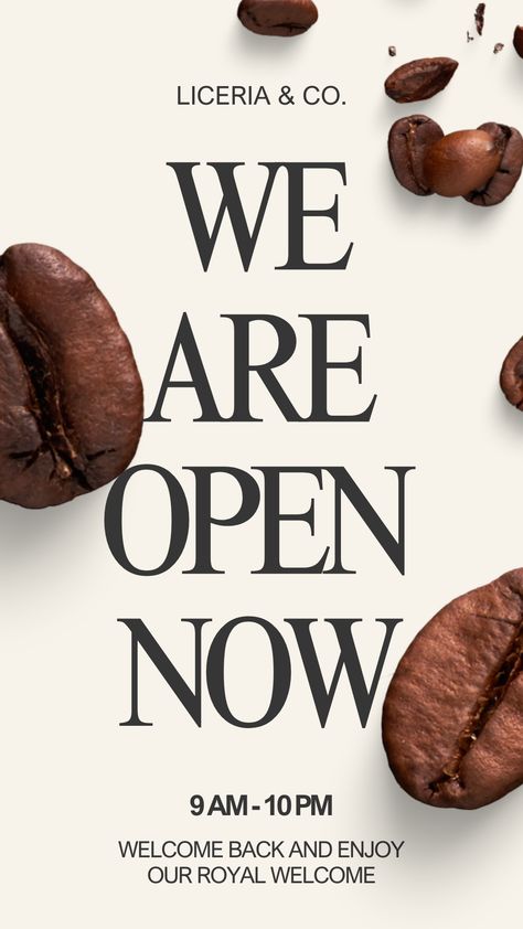 We're Open Instagram Post, Soft Opening Poster Design Cafe, Coffee Shop Opening Soon Poster, Cafe Instagram Template, Restaurant Announcement Poster, Coffee Shop Social Media Content, Costa Coffee Poster, Announcement Poster, Costa Coffee