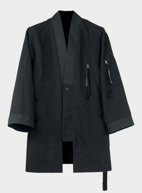 Make out of raincoat fabric.  Two tone black.....love the zippers. Noragi Jacket, Mens Fashion Cardigan, Rare Clothing, Modern Kimono, Mode Kimono, Cyberpunk Fashion, Japanese Outfits, Mode Inspo, Kimono Fashion