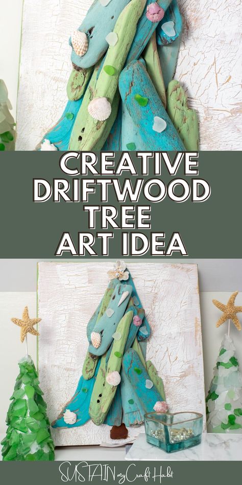 Create a driftwood tree art idea that can either be a beautiful Christmas-themed craft, or create a tree for a year-round piece of art! Driftwood Birdhouse, Christmas Driftwood, Driftwood Trees, Driftwood Tree, Driftwood Christmas, Girls Night Crafts, Driftwood Christmas Tree, Driftwood Wall Art, Driftwood Crafts