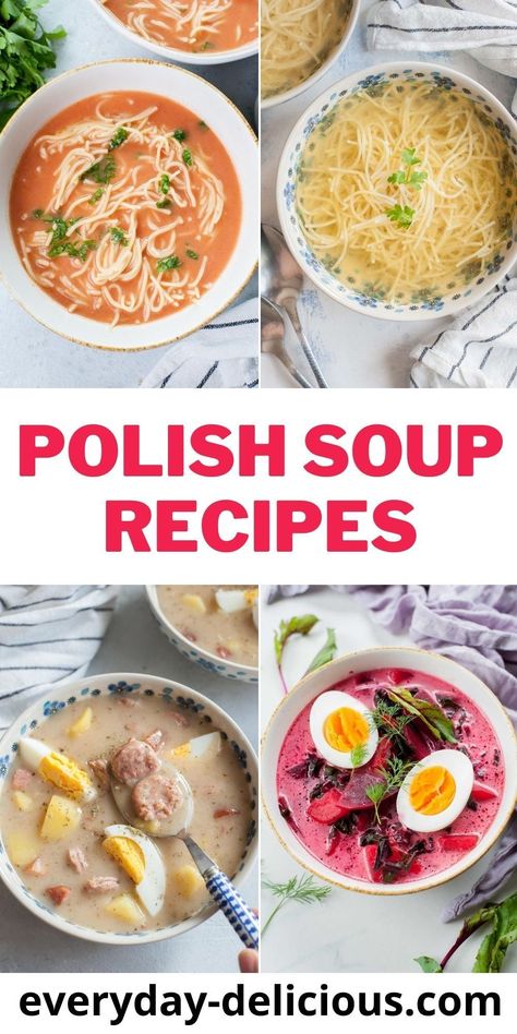 Polish soups are my absolute favorite part of Polish cuisine. We have lots of more known dishes such as pierogi or gołąbki but Polish soups are that what I’m usually craving the most! They have bold flavors and are usually hearty.The things that many Polish soups have in common is that they are sour (in a good way!) and are often made with some kind of fermented ingredient – this is what distinguishes them from soups from other countries. Polish Deserts, Best Pierogi Dough Recipe, Easy Polish Recipes, Beet Soup Recipes, Polish Soup, Polish Dishes, Polish Foods, Smoked Pork Ribs, Soups Recipes