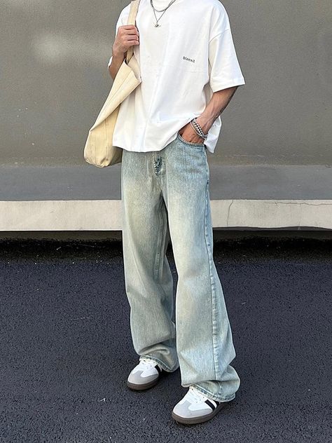 fb-feed Oversized Denim Pants, Wide Leg Jeans Men, Korean Streetwear, Y2k Men, Baggy Y2k, Light Blue Jeans, Pant Length, Streetwear Men Outfits, Jeans Men