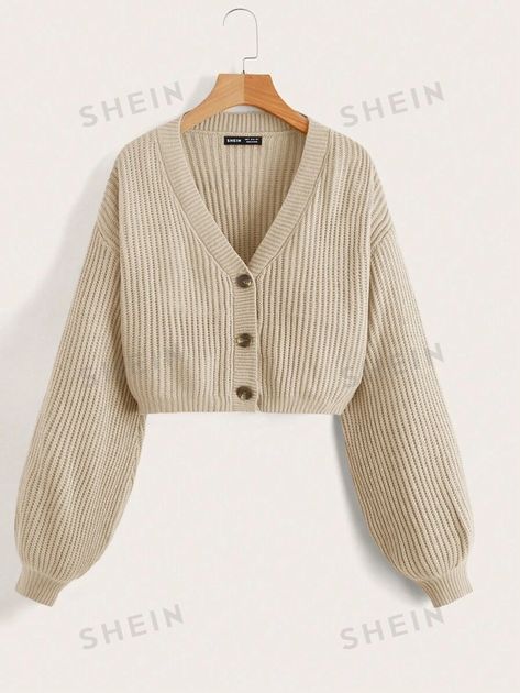 SHEIN EZwear Women Spring Daily Solid Color Long Sleeve Cardigan | SHEIN USA Shein Cardigan, Cheap Cardigans, Rib Knit Cardigan, Knitting Women Cardigan, Cardigan Crop, Cardigan Women, Lightweight Cardigan, Lantern Sleeve, Lantern Sleeves