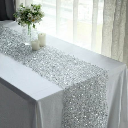 Silver Table Runner Wedding, Sparkly Wedding Table Decor, Sparkly Wedding Centerpieces, White And Silver Wedding Decorations, Sparkly Party Decorations, Silver Table Cloth, Sparkly Table Cloth, Silver Table Runner, Silver Wedding Centerpieces