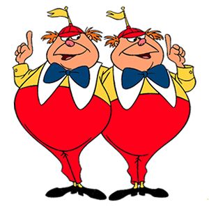 In the Disney Alice in Wonderland Movie of 1951, Tweedledee and Tweedledum clearly have yellow flags on their hats, yet many people swear they remember them as being little propellers. Tweedledee And Tweedledum, Disney Clip Art, Tweedle Dee Tweedle Dum, Alice In Wonderland Crafts, Drawing Disney, Alice In Wonderland Artwork, Tweedle Dum, Alice In Wonderland Drawings, Alice In Wonderland Illustrations