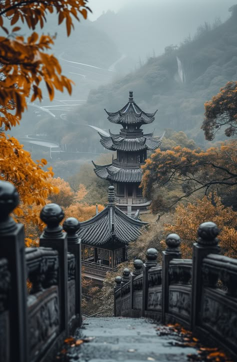 A majestic temple viewed through ornate gates, with autumn leaves framing the serene scene, symbolizing wisdom and the passage of time in nature. Temple Aesthetic, Ancient China Aesthetic, China Nature, Asian Temple, China Aesthetic, Chinese Wallpaper, Chinese Temple, Asian Landscape, Chinese Aesthetic