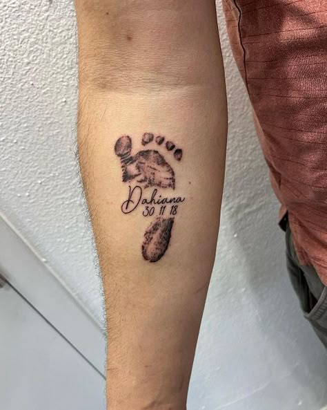 Footprints Tattoo Ideas, Tattoo Ideas Footprint, Babyfoot Print Tattoos, Footprint Tattoos For Women, Footprint With Name Tattoo, Baby Tattoo Designs Dad, First Son Tattoo Ideas Dads, Footprint With Flowers Tattoo, Men Tattoos For Daughter