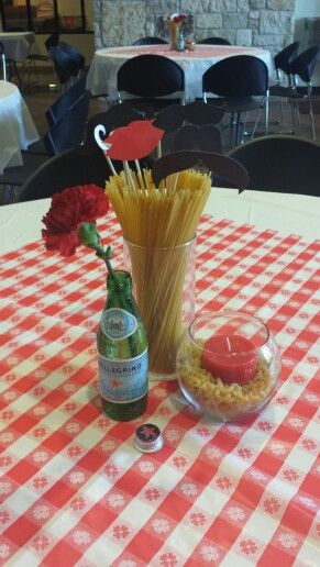 Spaghetti dinner fundraiser Pasta Bar Decorations, Dinner Fundraiser Ideas, Spaghetti Dinner Centerpieces, Spaghetti Dinner Decorations, Spaghetti Dinner Fundraiser Ideas, Pizza Party Table Decor, Spaghetti Dinner Party Decorations, Spaghetti Themed Party, Spaghetti Dinner Fundraiser Decorations