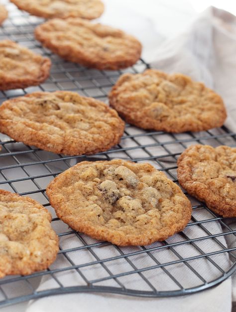 Crispy Oatmeal Chocolate Chip Cookies - Seasons and Suppers Crispy Oatmeal Chocolate Chip Cookies, Yummy Oatmeal, Recipe Oatmeal, Oatmeal Chocolate Chip Cookie Recipe, Brownies Cookies, Chocolate Oatmeal Cookies, Oatmeal Chocolate Chip, Fun Cakes, Cookies Brownies