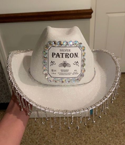 Patron Cowgirl Hat, Liquor Bottle Cowboy Hats, Patron Hat Party, Patron Halloween Costume Cowboy Hat, Titos Alcohol Cowboy Hat, Alcholic Drink Cowboy Hats, Patron Cowboy Hat, Cowboy Hats Decorated Like Alcohol, Homemade Cowboy Hat