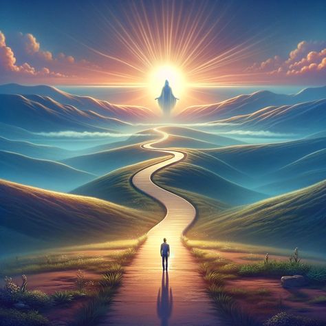 A serene landscape depicting a spiritual journey. In the foreground, a lone figure stands humbly on a winding path, symbolizing a person realizing the gravity of their actions. The path leads towards a distant, radiant light, representing reconciliation and spiritual healing. The surrounding environment is peaceful, with gentle hills and a calm sky, symbolizing tranquility and introspection. This image captures the essence of seeking forgiveness and the journey towards spiritual enlightenment. Nature, Life Journey Illustration, Healing Paintings Spiritual, Enlightenment Painting, God In Nature, Peace Images, Path Illustration, Spiritual Healing Art, Journey Poster