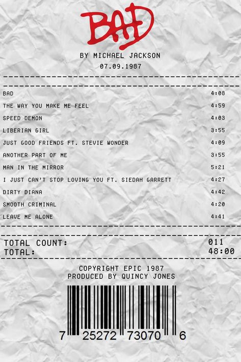 Michael Jackson "BAD" album receipt list #michaeljackson #albumreceipt #aesthestic #bad #badera #applehead #moonwalker Michael Jackson Bad Wallpaper, Music Album Receipts, Receipt Music, Album Receipts Aesthetic, Michael Jackson Bad Album, Music Receipts, Music Receipt, Bad Michael Jackson, Michael Jackson Aesthetic