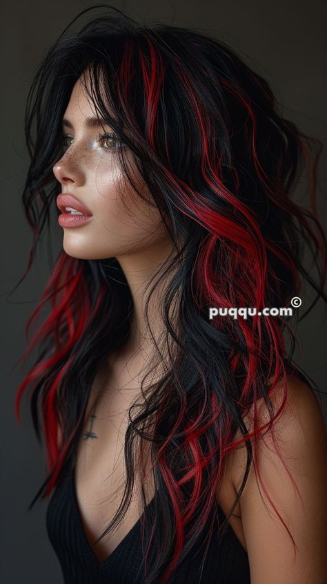 Black And Red Hair Ombre, Hair Color Ideas For Freckles Faces, Black And Red Hair Dye, Black Hair And Red Highlights, Edgy Black Hair, Red And Black Hair Aesthetic, Edgy Hair Color 2024, Black Hair With Colored Tips, Black Hair With Red Money Piece