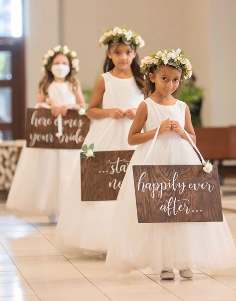 Flower Girls Signs, Flower Girl Sign, Flower Girl Walking Down Aisle Ideas, Unique Flower Girl Ideas, Wedding Signs For Kids To Carry, Multiple Flower Girls Ideas, Flower Girl Signs To Carry, Happy Ever After, Kids In Wedding Ceremony