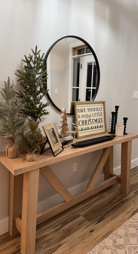 Neutral Christmas Tv Stand Decor, Christmas Small Entryway Decor, Small Spaces Christmas Decor, How To Decorate Tv Stand For Christmas, Christmas Decor Ideas For Sofa Table, Neutral Christmas Decor Diy, Christmas Hallway Table Decor, Neutral Entryway Decor, Christmas Entryway Table Decor Simple