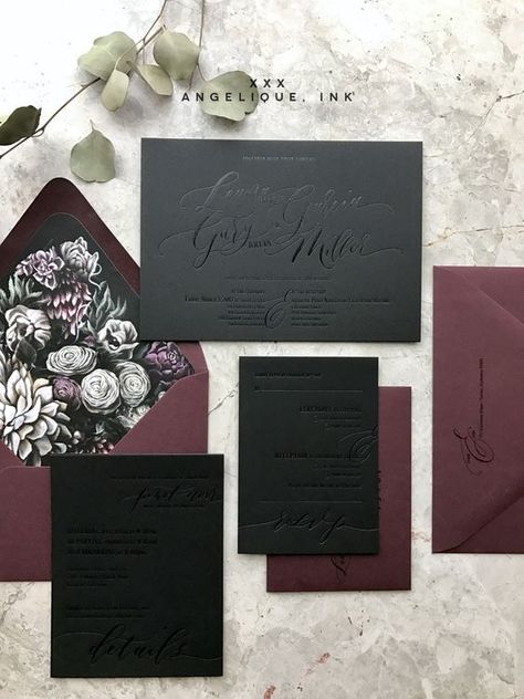 a gorgeous black and burgundy invitation suite with pressed calligraphy and floral lining Kad Perkahwinan, Dark Wedding Invitations, Luxe Wedding Invitations, Foil Letterpress, Moody Florals, Black Wedding Invitations, Goth Wedding, Dark Wedding, Wedding Plan