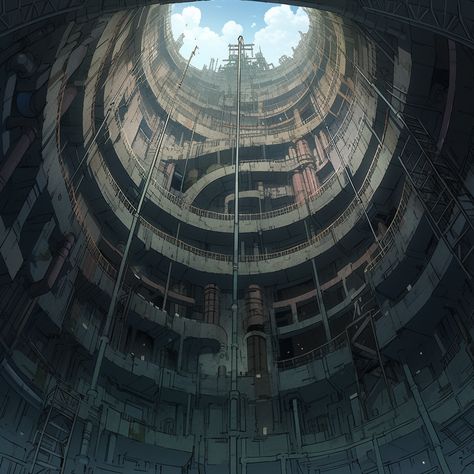 A dark deep circular industrial pit for coal mining in the style of Studio Ghibli Mine Minecraft, Growth And Decay, Building Concept, Environment Art, Background Drawing, Cover Ideas, Coal Mining, Environment Concept Art, Dieselpunk