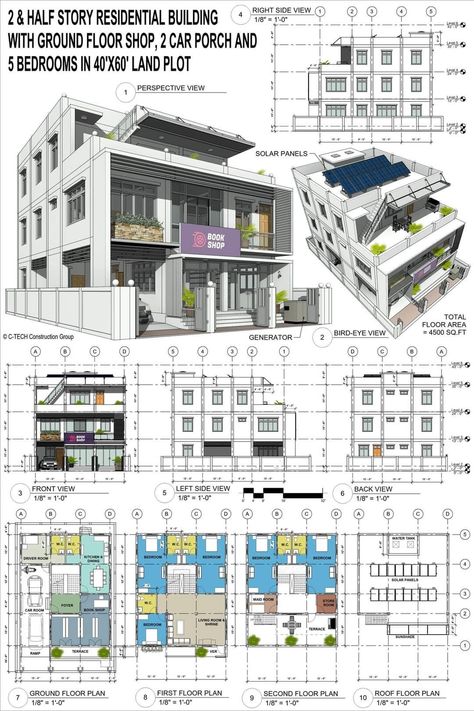 Four Story Building Elevation, Plan And Elevation Modern Houses, Small Residential Building Plan, Mixed Use Building Floor Plan, 2 Story Apartment Floor Plan, Residential House Floor Plan, Apartment Blueprints, Residential Building Plan, Architectural Plan