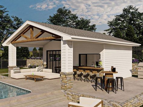 Backyard Pool House, 050P-0019 Pool House With Covered Patio, Pole Barn Pool House Backyard, Rustic Pool House Ideas, Pool House Guest House Combo, Modern Pool House Design, Pool House With Outdoor Kitchen, Pool House Floor Plans, Large Sliding Glass Door, Covered Patio Plans