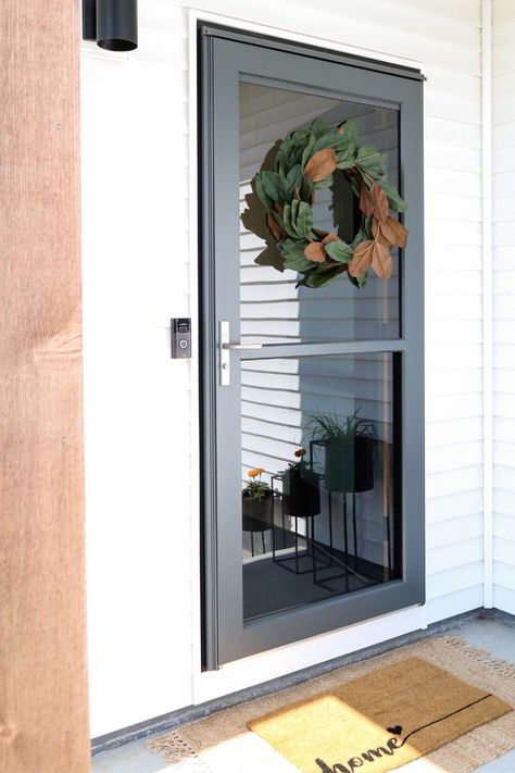 Front Door Screen Door Combo, Front Door And Screen Door Combo, Farmhouse Storm Door Front Porches, Front Door Screen Doors Modern, Farmhouse Storm Door, Storm Screen Doors For Front Door, Storm Doors For Front Door With Screen, Entry Door With Storm Door, Modern Screen Door Entrance