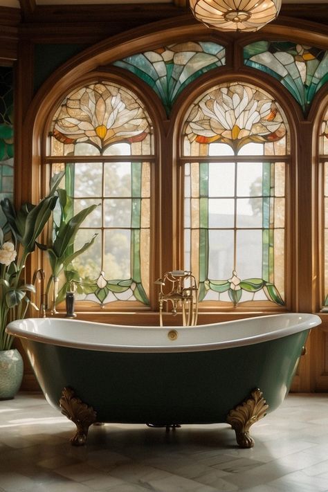 Art Nouveau Inspired Interior, Art Nouveau Houses, Victorian Homes Bathroom, Stained Glass Bathtub, Stained Glass In Home, Stained Glass Interior Design, Stained Glass In House, Edwardian Interior Design, Victorian Home Bathroom