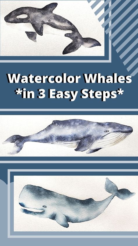 In this beginner-friendly tutorial, I teach you how to paint 3 different whales in watercolor, in just 3 steps. Easy and fun painting tutorial that is perfect for the summer! Watercolor Whale Easy, How To Paint A Whale, Watercolor Whale Tutorial, Whales Watercolor, Whale Cake, Watercolor Whales, Watercolor Quotes, Paint Pallets, Beginner Drawing Lessons