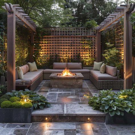 Private Seating Area Garden, Sitting Garden Ideas, Multi Level Backyard, Small Square Garden Ideas, Patio Landscape Ideas, Garden Patio Designs, New Build Garden Ideas, Courtyard Garden Ideas, Patio Fire Pit Ideas