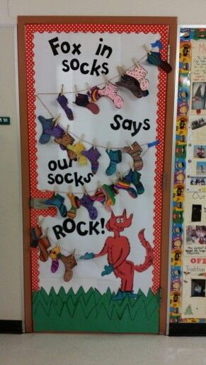 Fox in Socks class door. Fox And Socks Activities, Fox In Socks Door Decoration, Fox In Socks Snack, Fox In Socks Bulletin Board, Dr Seuss Classroom Door Ideas, Dr Seuss Fox In Socks Craft, Fox Classroom Theme, Wild About Reading Door Decoration, Dr Seuss Classroom Door