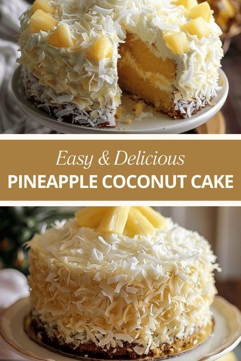 Pineapple Coconut Surprise Cake Coconut Pineapple Cake Recipe, Pineapple Surprise, Pineapple Coconut Cake, Coconut Pineapple Cake, Fancy Baking, Pineapple Desserts, Homemade Vanilla Ice Cream, Surprise Cake, Pineapple Recipes