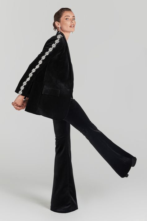 - NADINE MERABI Coat Styling, Black Bra Top, Nadine Merabi, Black Corset Top, Black Velvet Blazer, Pajama Suit, Velvet Trousers, Evening Jackets, Velvet Blazer