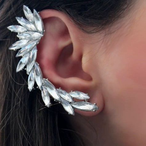 Rhinestone Studded Ear Cuff Pair 1pcs An Extravagant Piece Of Ear Cuff , For Those Who Dare. Made With Rhinestones, And Silver Plated - The Ear Cuff Covers The Entire Ear. A Must Have With The Trending Fashion. We Offer This Piece With A Simple Ear Stud With Which It Can Be Paired. Dimensions: Full Ear Cuff - 7.2 X 2.5 Cm Approx All Orders Are Packed And Delivered In The Usa! (Due To The Light, The Product May Differ Slightly From The Picture.) Full Ear Cuff, Extravagant Earrings, Swag Items, Rhinestone Ear Cuff, Flip Belt, Versace Earrings, Face Jewelry, Crystal Ear Cuff, Floral Scrunchie