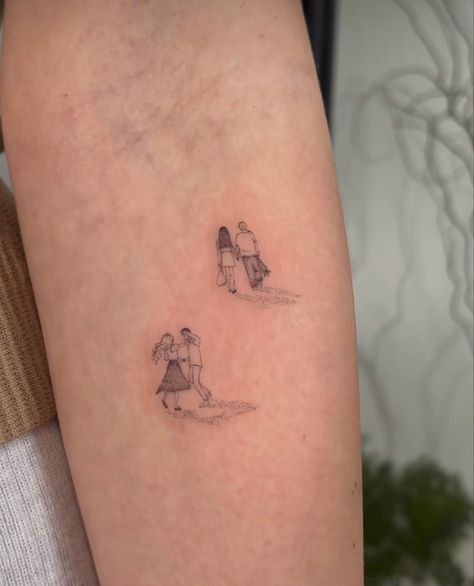 Tiny People Walking Tattoo, Tiny Person Tattoo, People Walking Tattoo, Brittany Broski Tattoo, Small People Tattoo, Little Women Tattoo Ideas, Tiny People Tattoo, Little People Tattoo, Find Line Tattoo