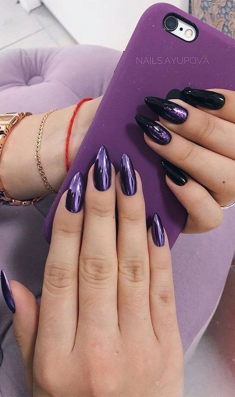 (ad) Easy nail designs black for Beginners: The Ultimate guide #4!** Check out this great ideas. Chrome Black Nails, Nails Board, Purple Chrome, Nail Art Designs For Beginners, Nail 2023, Violet Nails, Easy Nail Art Designs, Purple Acrylic Nails, Goth Nails