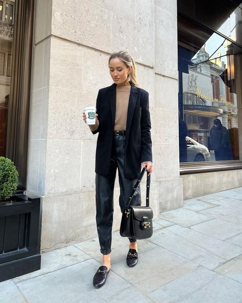 Kate Hutchins on Instagram: "The loafer & black blazer combo is back meaning Spring is coming 🍃 I am still getting over the flu over here but I hope you all enjoyed…" Blazer Outfit Ideas For Women, Black Blazer Outfit Ideas, Leather Trousers Outfit, Blazer Outfit Ideas, Black Blazer Outfit, Black Leather Blazer, Blazer Outfits For Women, Leather Pants Outfit, Look Formal