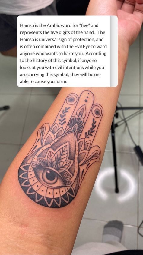 Hamsa Tattoo On Hand, Hamsa Tattoo Women, Hamsa Arm Tattoo, Positive Vibe Tattoos For Women, Evil Eye Arm Tattoo, Hamsa Back Tattoo, Hamsa Hand Tattoo For Women, Pretty Tattoos For Women With Meaning, Protection Tattoo Spiritual