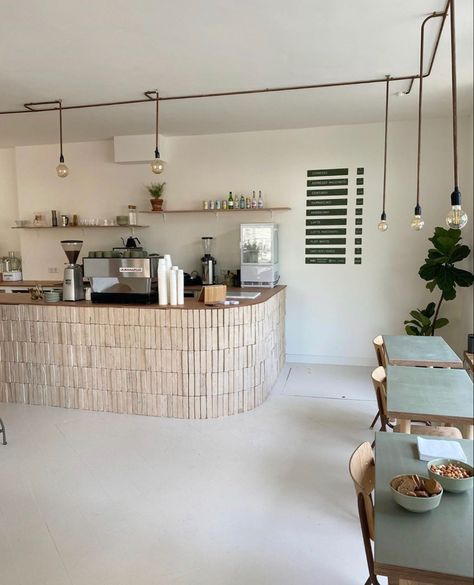 Beauty Salon With Coffee Shop, Coffee Shop Work Station, California Coffee Shop, Coffee Shop Fridge, Neutral Coffee Shop, Minimalistic Coffee Shop, Coffee Shop Seating, Logo Coffee Shop, Organic Coffee Shop