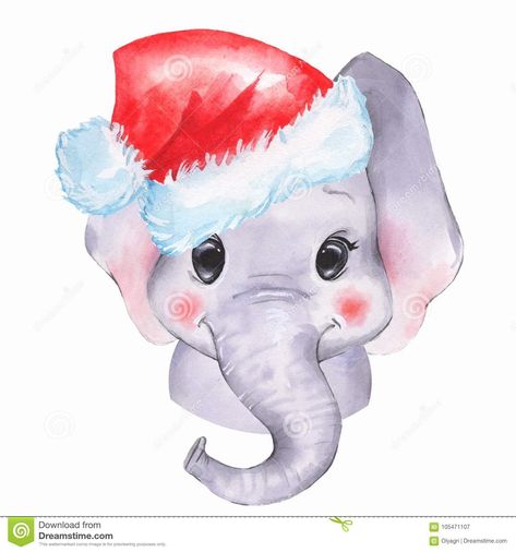 Christmas Elephant Illustration, Christmas Elephant Drawing, Dumbo Christmas Wallpaper, Cute Cartoon Illustration, Santa Hat Png, Elephant Clip Art, Elephant Christmas, Elephant Images, Baby Animal Drawings