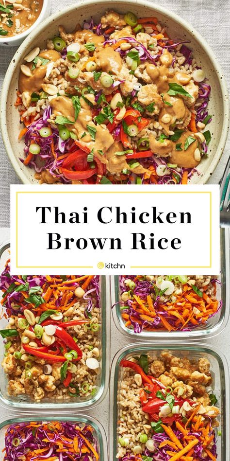 Meal Prep With White Rice, Spicy Chicken Yum Yum Rice Bowls, Easy Grain Bowls, Power Bowls Dinner, Grain Bowls Healthy Recipe Ideas, Thai Meal Prep, Power Bowls Lunch, Rice Bowl Meal Prep, Thai Chicken Bowl