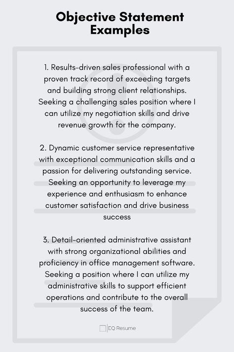 Craft a compelling objective statement with EQ Resume's diverse examples! Find inspiration for your resume's introduction and make a strong first impression. #objectivestatement #resumetips #EQResume #careeradvice #jobsearch #careerdevelopment #jobhunt #professionalgrowth #resumewriting #jobapplication First Job Resume, Job Application Cover Letter, Professional Resume Examples, Application Cover Letter, Resume Objective Examples, Introduction Examples, Linkedin Tips, Resume Objective, Job Interview Tips