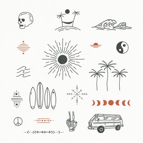 Outdoor Graphic Design, Line Art Travel, Van Life Travel, Surf Drawing, Australia Tattoo, Surf Tattoo, Png Illustration, Retro Tattoos, Handpoke Tattoo