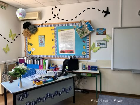 2017-2018 Classroom Reveal: Travel Theme – Saved You a Spot Airline Classroom Theme, Geography Decorations, Learning Is An Adventure Classroom Theme, Airplane Theme Classroom, Italian Classroom Decorations, History Themed Classroom, Esol Classroom Decorations, Travel Theme Bulletin Board, Airplane Bulletin Board