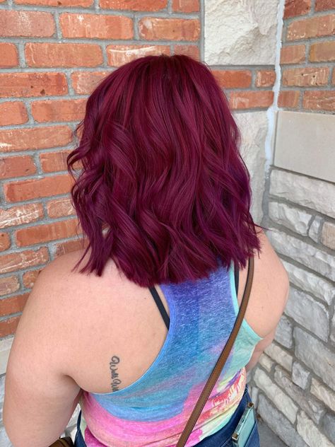 Bright Burgandy Hair, Burgundy Hair On Short Hair, Red All Over Color Hair, Short Raspberry Hair, Bold Burgundy Hair, Strawberry Wine Hair, Bright Maroon Hair, Wild Berry Hair Color, Raspberry Hair Color Short