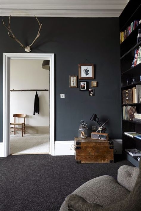 Lee Caroline - A World of Inspiration: An Edgy Renovation - Part Two - Living Room & Bedrooms Grey Carpet Living Room, Grey Carpet Bedroom, Carpet Diy, Dark Carpet, Dark Living Rooms, Brown Carpet, White Carpet, Dark Walls, Dark Wall