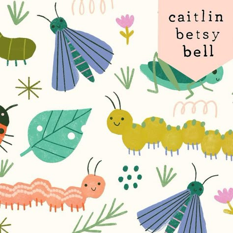 Caitlin Betsy Bell | Designer on Instagram: "Some cute little insects 🐞🐛🌱 #surfacedesign #patternlove #artlicensing #caitlinbetsybell" Cute Caterpillar Illustration, Caterpillar Illustration, Peach Print, Bugs Life, Spring Animals, Valentines Patterns, Folk Art Flowers, Butterfly Illustration, Kids Illustration