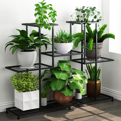 PRICES MAY VARY. ✔ 【Premium Material】 -- Our plant stand is made of metal with novel iron paint, which can be used indoor or outdoor. ✔ 【4 TIER LARGE CAPACITY】--size: W 43.8 x H 32.2 x D 9.8 inch;Each rack is wide and spacious enough to hold most pots. Multi layer high and low garden plant shelf with opening design,no shelter from each other,easy to handle and water,helps plants get enough sunlight for growth. (The plant organizer can hold up to 12 pot plants.) Space-saving, you can place in cor Plant Stand For Multiple Plants, Cool Plant Stand, Plant Stand Dining Room, Plants In Apartment Ideas, Patio Plants In Pots, Outdoor Plant Stand Ideas, Plant Rack Ideas, Plant Stand Corner, Flower Shelves