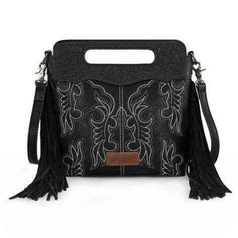 PRICES MAY VARY. The elegant western women's crossbody bag collection Wrangler by Montana West. Wrangler crossbody bag, features a stylish floral tooled pattern, genuine leather fringing and embroidered boot stitching. Top magnetic snap closure, includes 1 main pocket, 1 inner zippered pocket, 1 inner side pocket and 1 back pocket. Crossbody purses for women are designed with detachable and adjustable Wrangler logo printed nylon crossbody guitar strap. Size:11.2"(L) x 2.9"(W) x 10.9"(H) , Drop: Black Tooled Leather Purse, Leather Hand Tooled Shoulder Bag For Western-themed Events, Western Purses With Fringe, Fringe Western Purse, Black Leather Fringe Bag, Western Crossbody Purse, Paw Wallpaper, Western Crossbody Purse Leather Fringe, Leather Fringe Bag