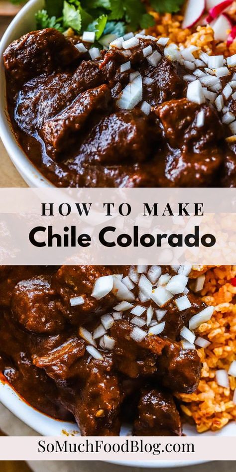 Beef chile colorado is a flavorful one-pot Mexican stew recipe featuring tender pieces of beef simmered in a spicy red chile sauce served with rice and tortillas. Beef Shank Mexican Recipe, Spicy Hispanic Food, Chill Colorado Recipes, Guajillo Chile Pot Roast, Beef Chile Colorado, Authentic Mexican Food Recipes Soups, Summer Beef Stew Meat Recipes, Authentic Chile Colorado Recipe, Chile Colorado Sauce Recipe