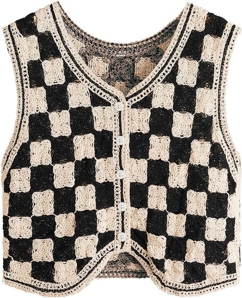 Verdusa Women's Button Front V Neck Sleeveless Checkered Knit Sweater Vest Black and White S at Amazon Women’s Clothing store Checkered Vest, Checker Vest, Crochet Plaid, Sweater Vest Black, Argyle Vest, Floral Print Sweater, Knit Sweater Vest, Color Block Sweater, Checkered Pattern