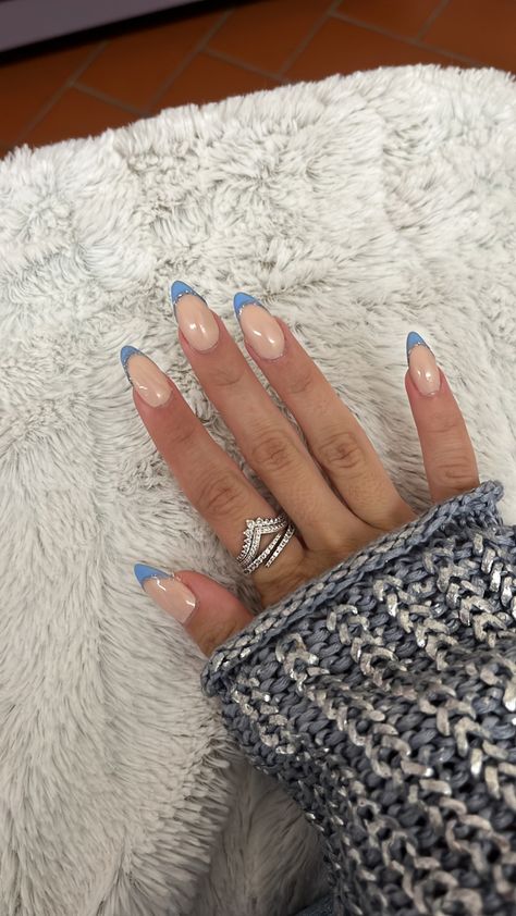 Blue French Tip With Glitter Line, Light Blue And Silver Nails Almond, Blue French Nails With Glitter, Bridgerton Blue Nails, Light Blue Sparkle French Tip Nails, Light Blue Prom Nails Almond, Blue And Silver French Tips, Light Blue Holiday Nails, Silver And Light Blue Nails